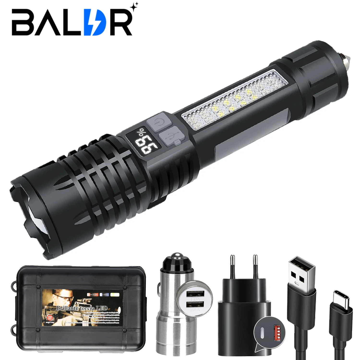 LED Self-Defense Portable Flashlight, Multiple Function Modes, with Side Lights, Built-in Cutting Tool, and Tail Window Hammer