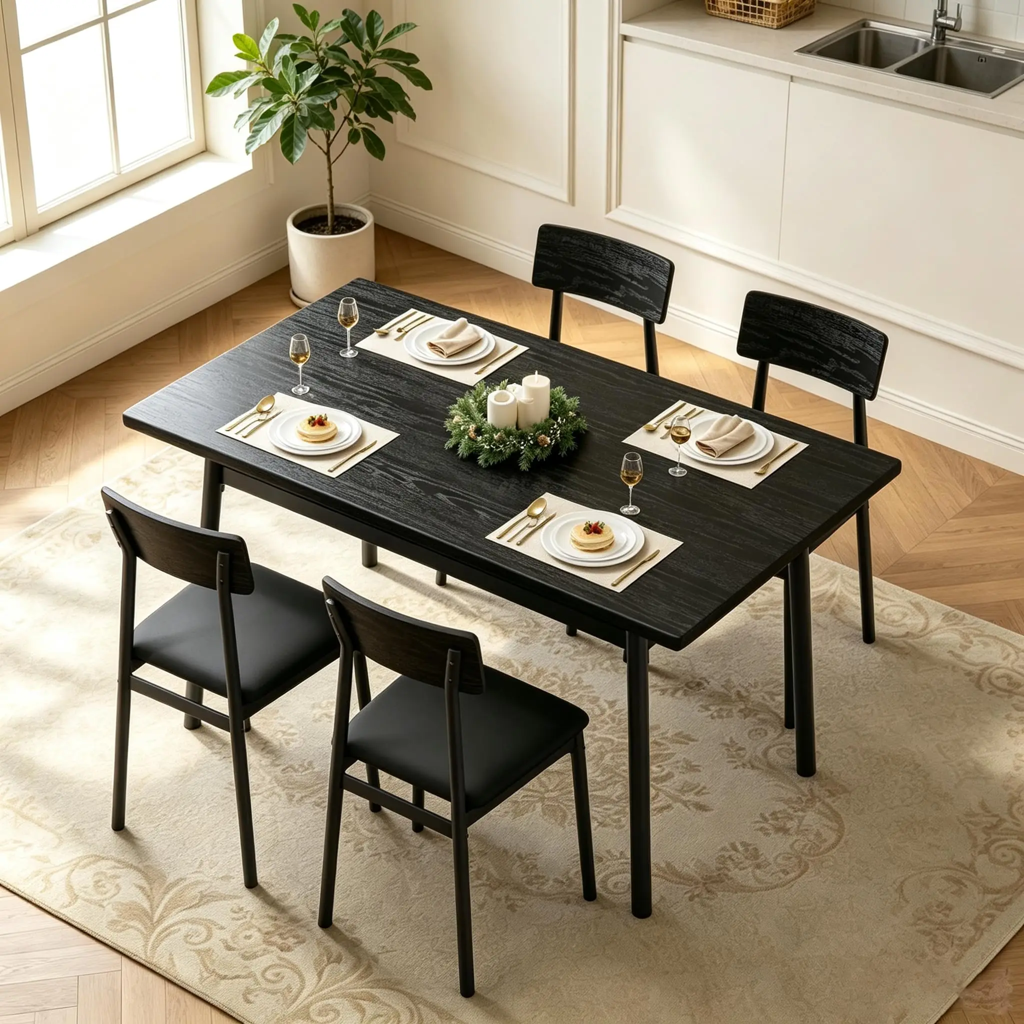 Wood Dining Set for 4, Kitchen Table with Soft Chairs, Smooth Edge