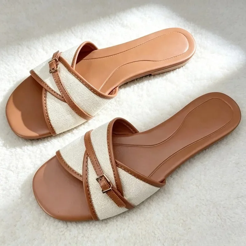 Comfort Flat Slippers Sandals for Women Fashion Belt Buckle Brand Designer Shoes Summer Beach Lightweight Casual Shoes Loafers