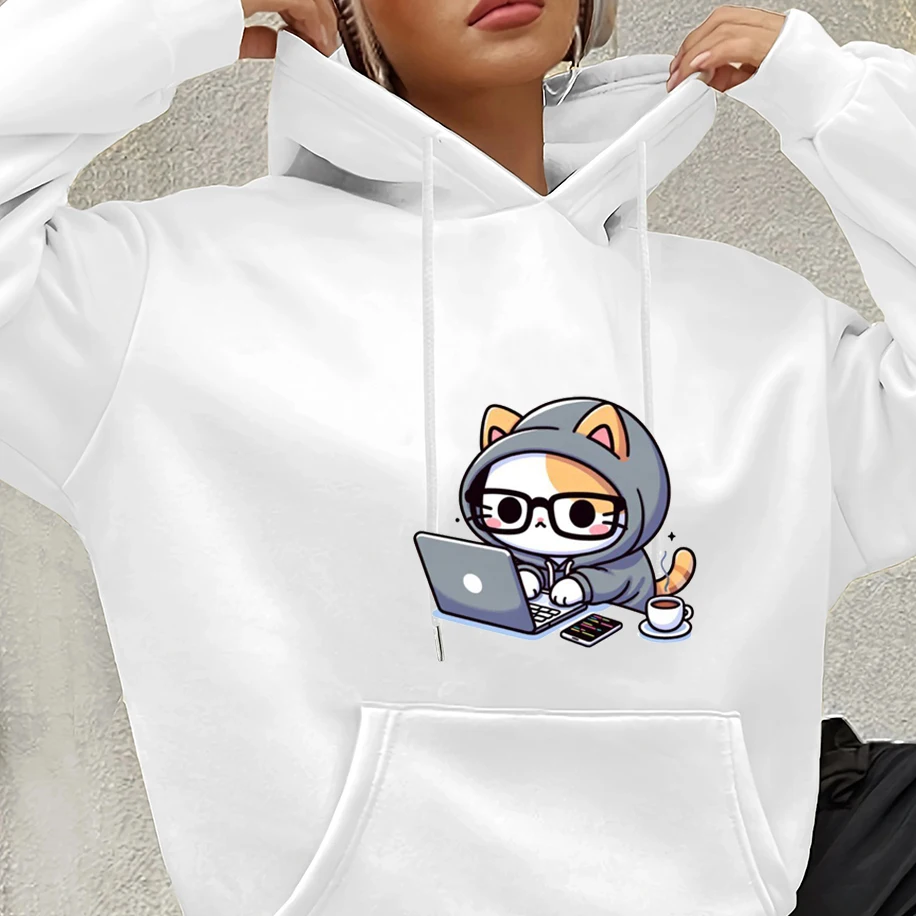 

Serious Working Cartoon Cat Pattern Men Women Hoodies Funny Programmer Cat Play with a Computer Print Unisex Top Kawaii Clothing