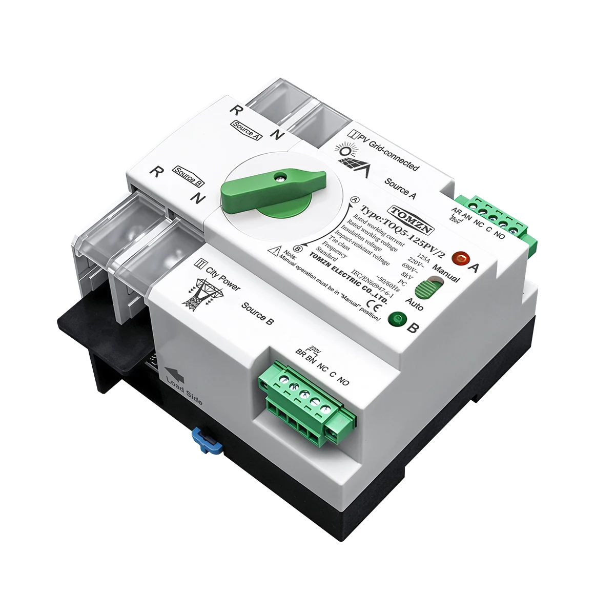 TOMZN Single Phase Din Rail ATS PV Inverter Dual Power Automatic Transfer Selector Switches Uninterrupted 2P 63A 100A 125A