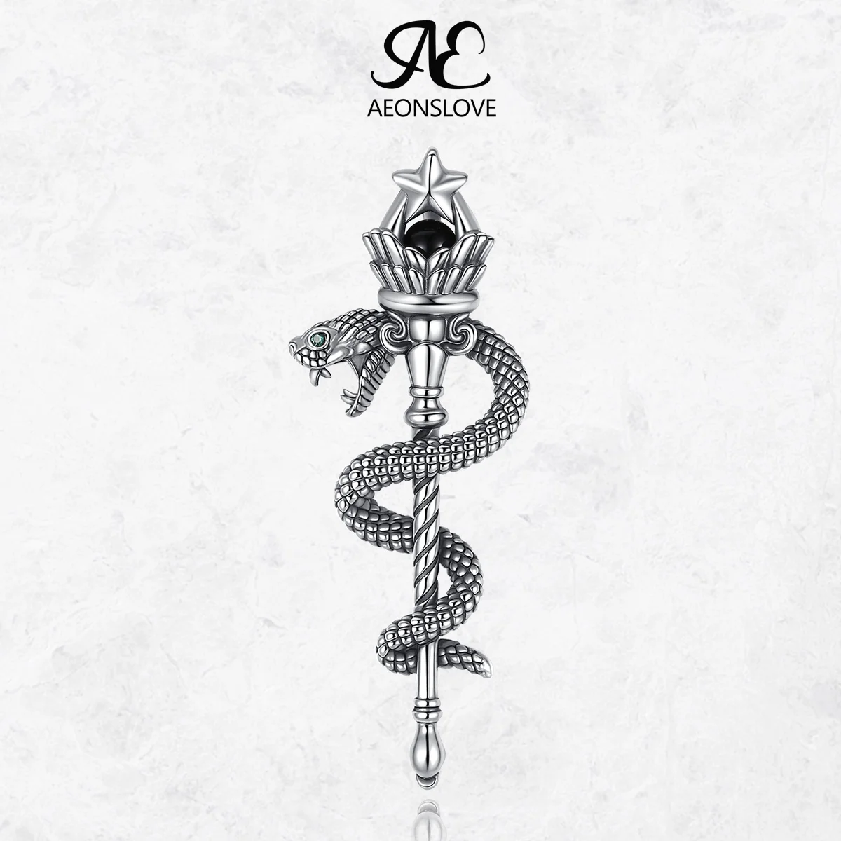 

AEONSLOVE 925 Sterling Silver Hecate Snake Torch Necklace Obsidian pentagram Scepter Pendant Wicca Pagan Jewelry for Men Women