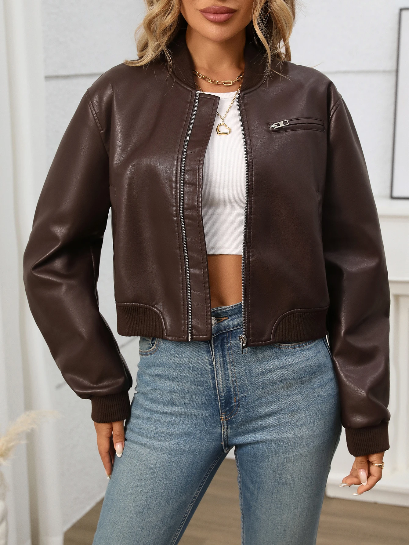 

Women's Faux Leather Bomber Moto Biker Jacket Short Y2K PU Outwear Cropped Coat