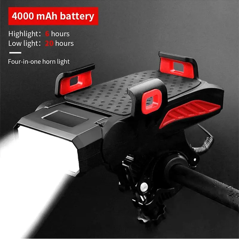 

4-in-1 Bike Bicycle Light Mobile Phone Holder Headlight Horn Convenient Portable Bicycle Usb Charging Light Bicycle Accessories