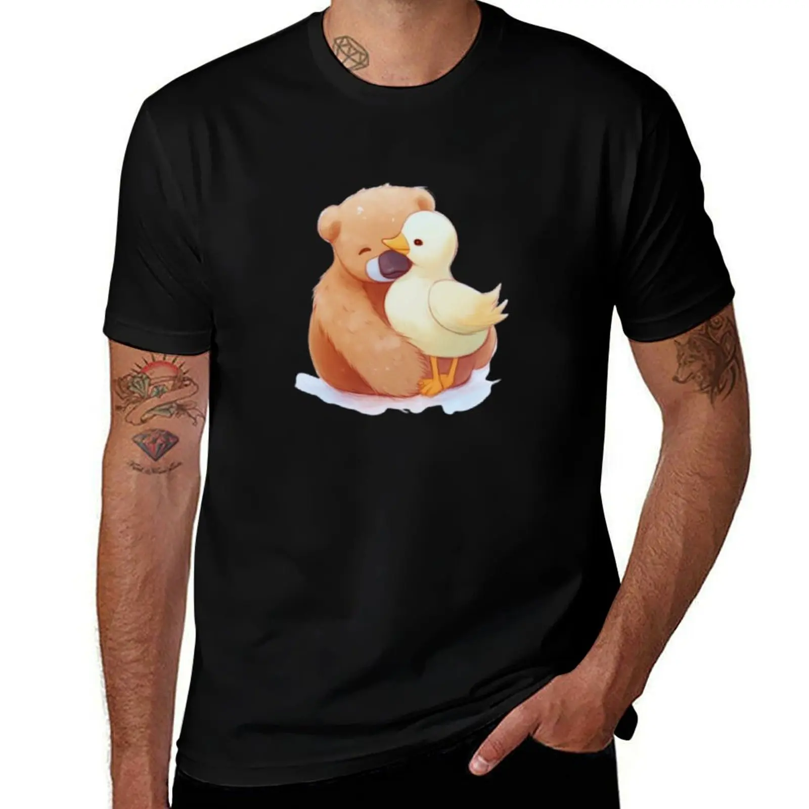 

cute drawing of a bear hugging a duck, T-Shirt quick-drying hippie clothes valentines clothes luxury clothes men