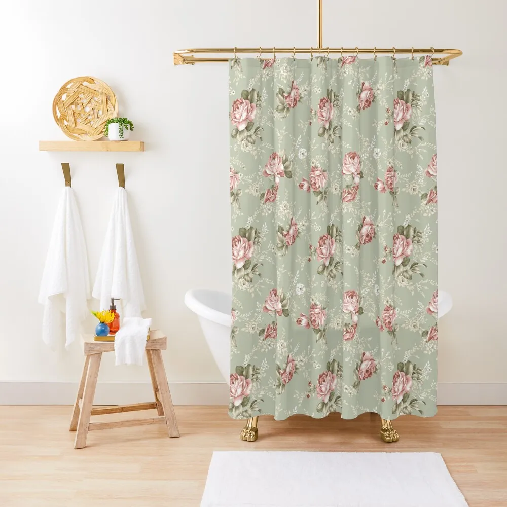 

Vintage Blush Roses - Sage Green Background Shower Curtain Shower Bathroom Modern Bathroom Accessories Curtain