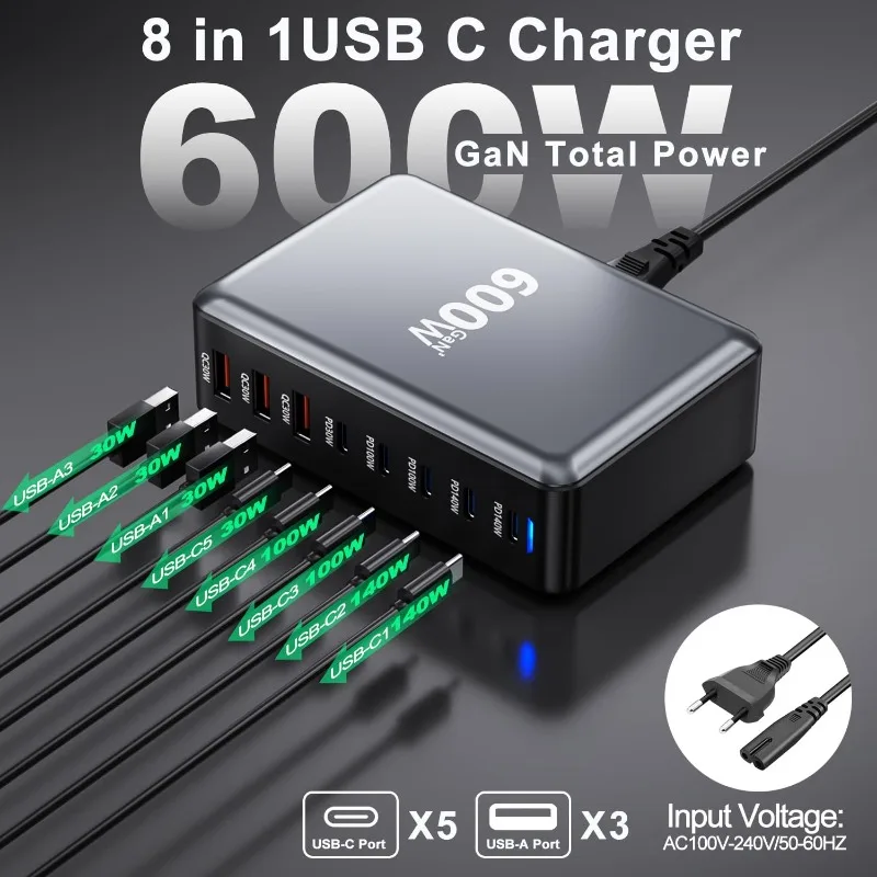 Station de charge haute puissance 600 W, 5 ports Type-C + 3 ports USB A, station de charge rapide pour plusieurs appareils, concentrateur de charge de