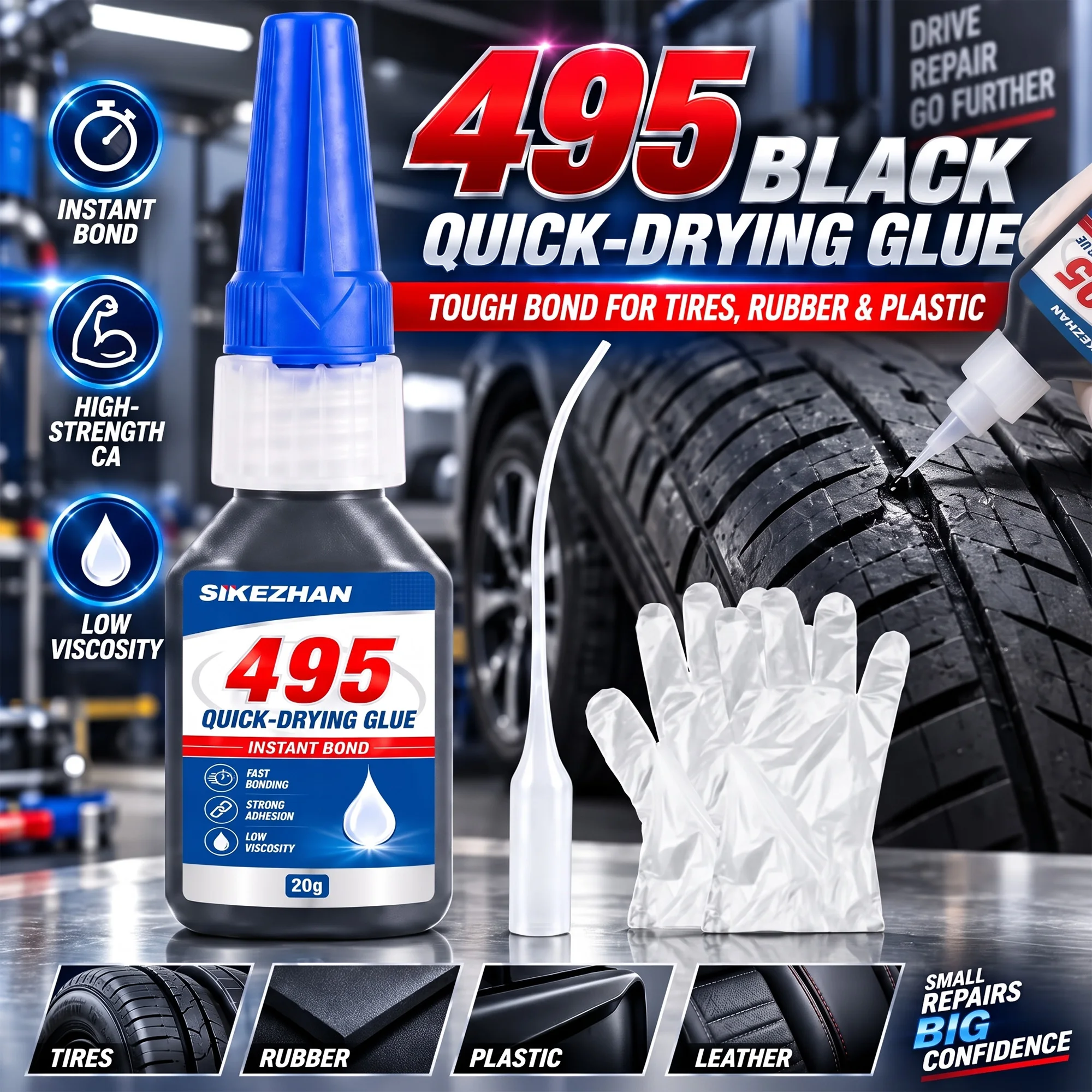 Adesivo Instantâneo Preto 495 SuperCola de Alta Resistência e Secagem Rápida, Cianoacrilato Preto para Couro, Borracha, Pneus e Plástico