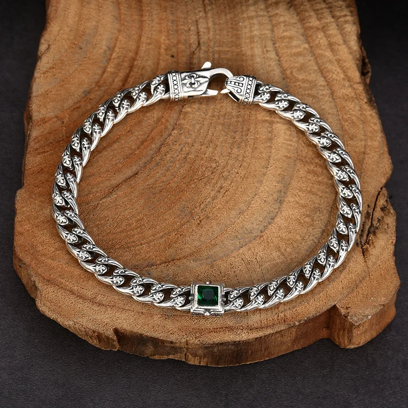 925 Sterling Men'S And Women'S Zirconia Arabesque Cuban Bracelet, Thai Silver Vintage Jewelry