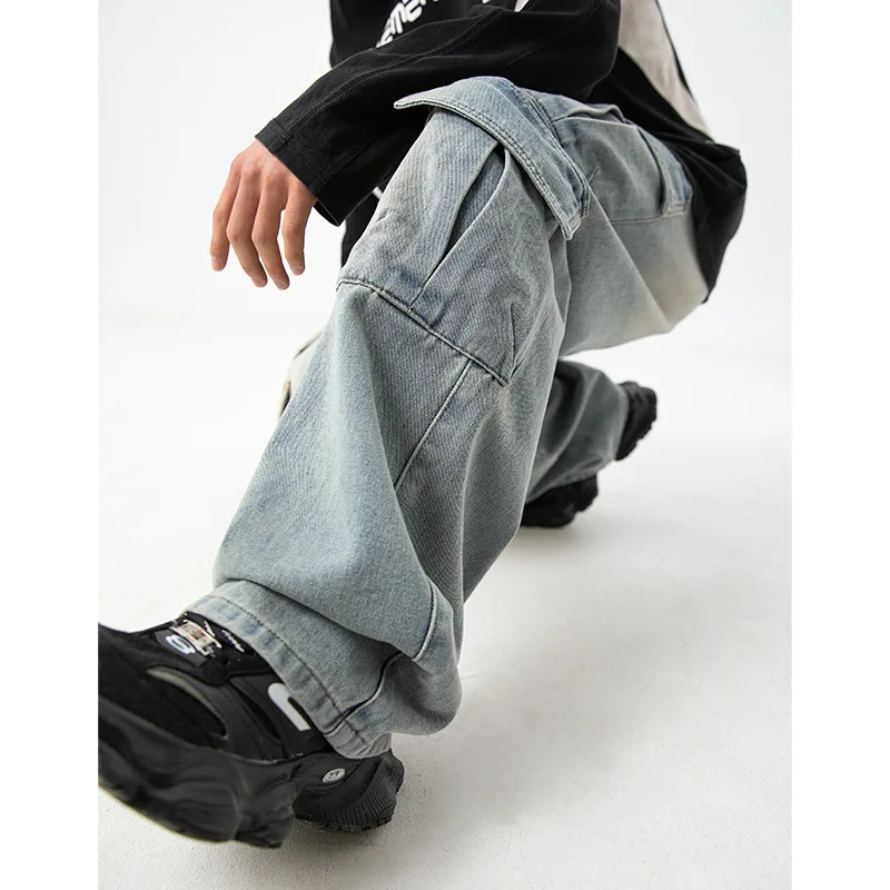 Multi-pocket Design Sense Jeans Men's Spring Washed Vintage Loose Fit Denim Pants Multiple Pocket Buttons Casual And Free 296Y