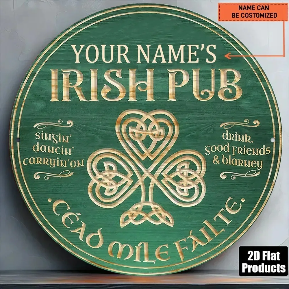 CIFbuy Round Irish Pub Metal Plaque,Personalized Custom Name Celtic Knot Shamrock Wall Ornament (Only For Decoration)