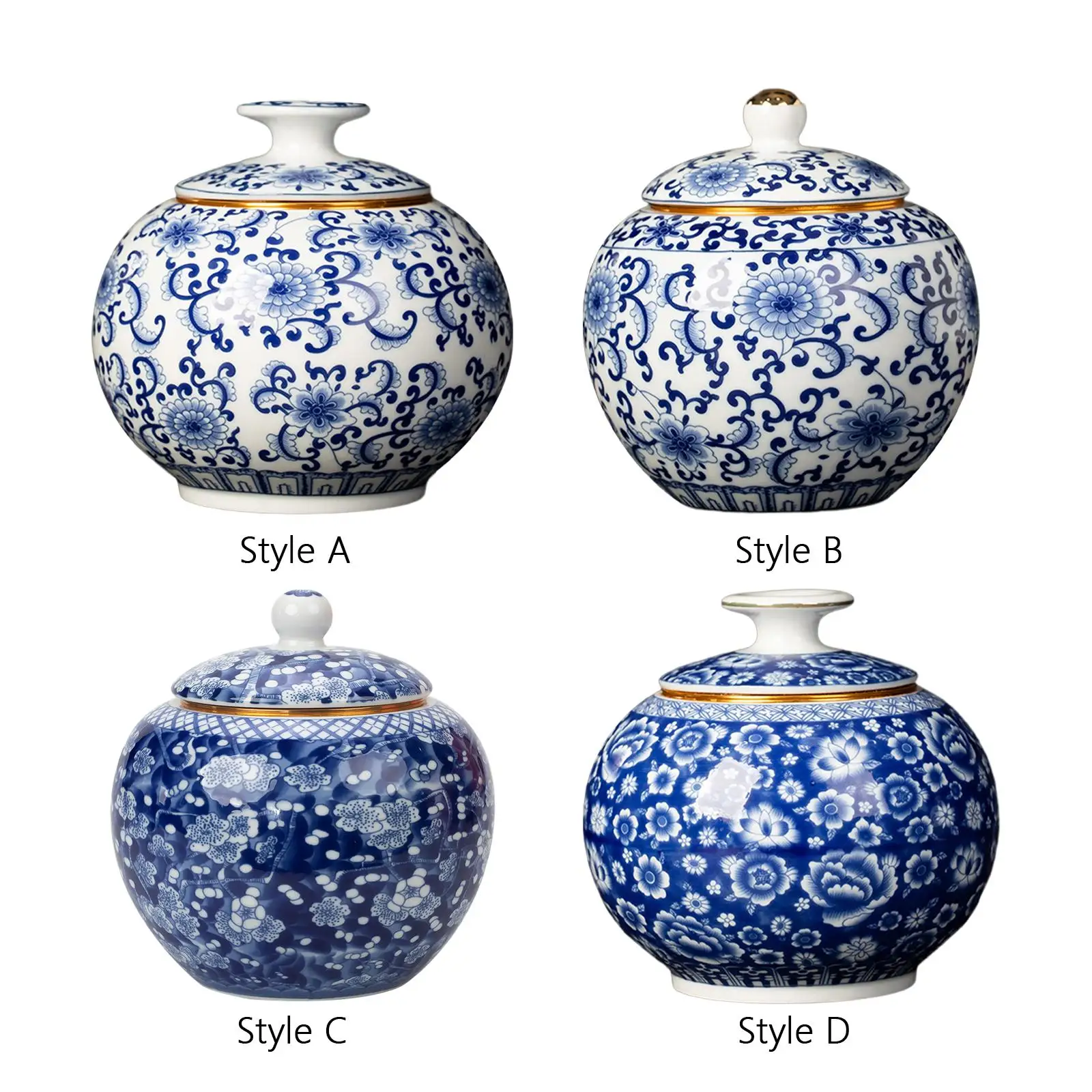 Ginger Jar Temple Jar Tea Storage Jar Glazed Blue and White Vase Floral Print Jar for Desktop Weddings Home Piece Office Decor