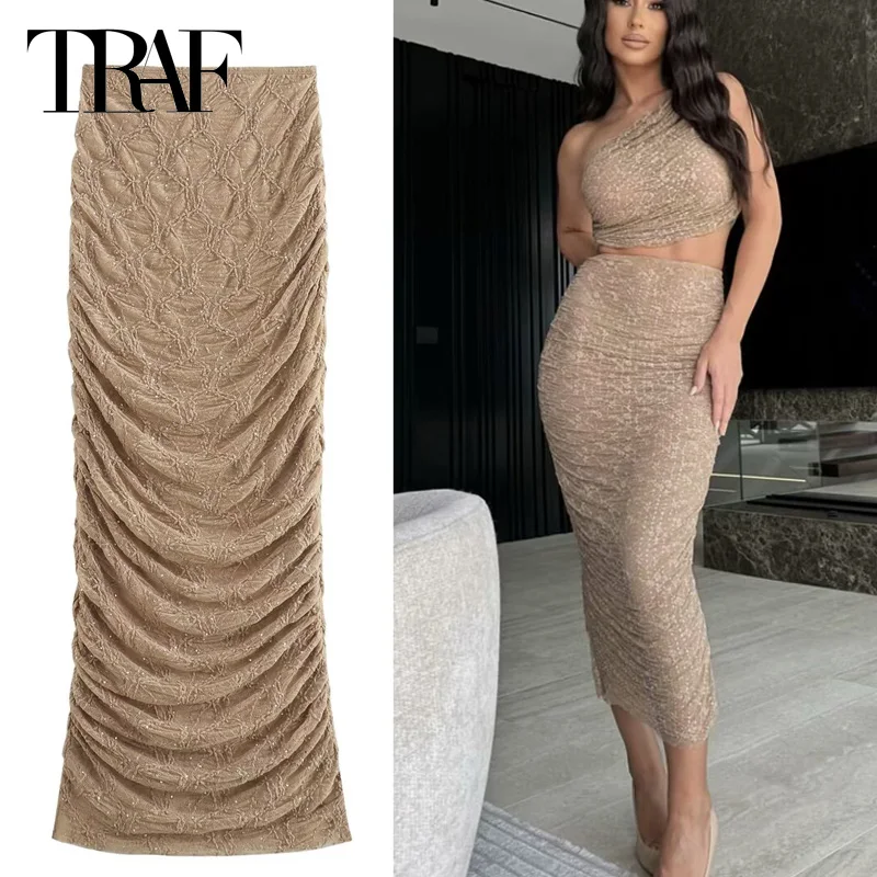 TRAF 2024 Women\'s Skirt Long Skirt Woman Wrap Pleated Lace Skirt Summer Vintage A Line Tulle Ruffle Skirt Beach Holiday Skirts