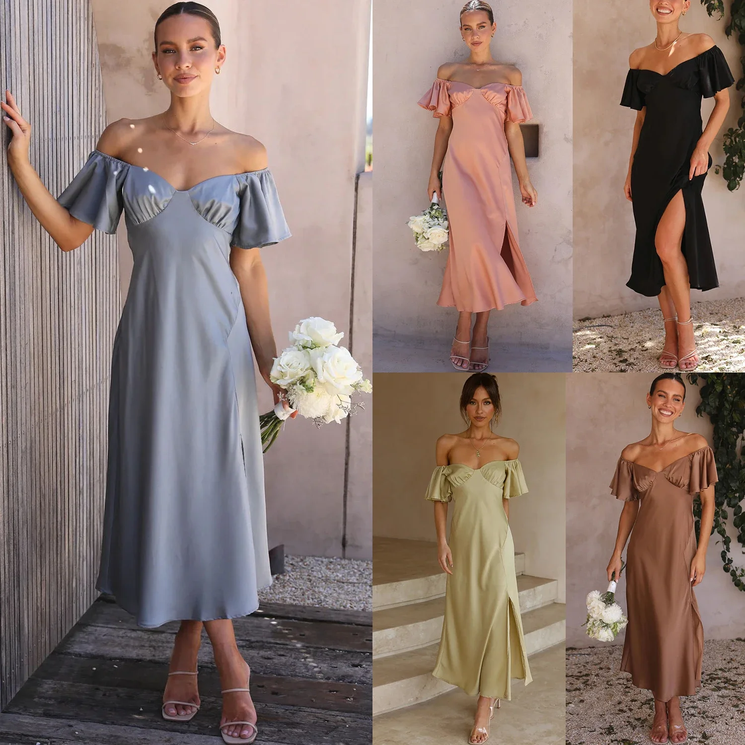 

Women Elegant Slash Neck Off Shoulder Split Stain Dress Spring Summer Brand New Lady Casual Party Prom Mid-Calf Dresses