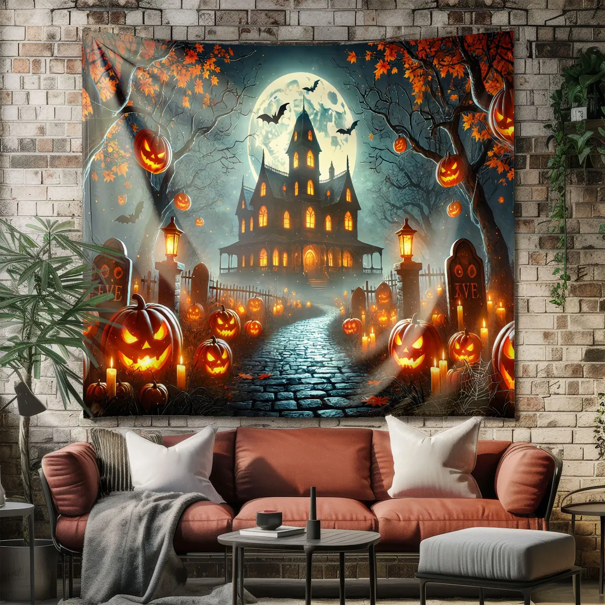 1pc Halloween haunted house pumpkin lamp tapestry for wall decoration space decoration gift giving, and background setting