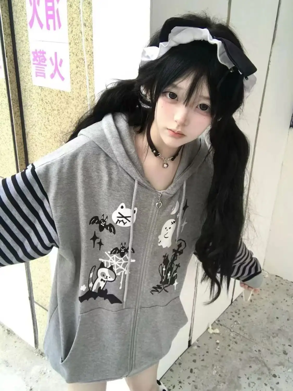 Gothic Y2k Coats Harajuku Gothic Women Hooded Zip Up Patchwork Japanese Fashion Sweatshirts Slim Gyaru Grunge Autumn Jackets