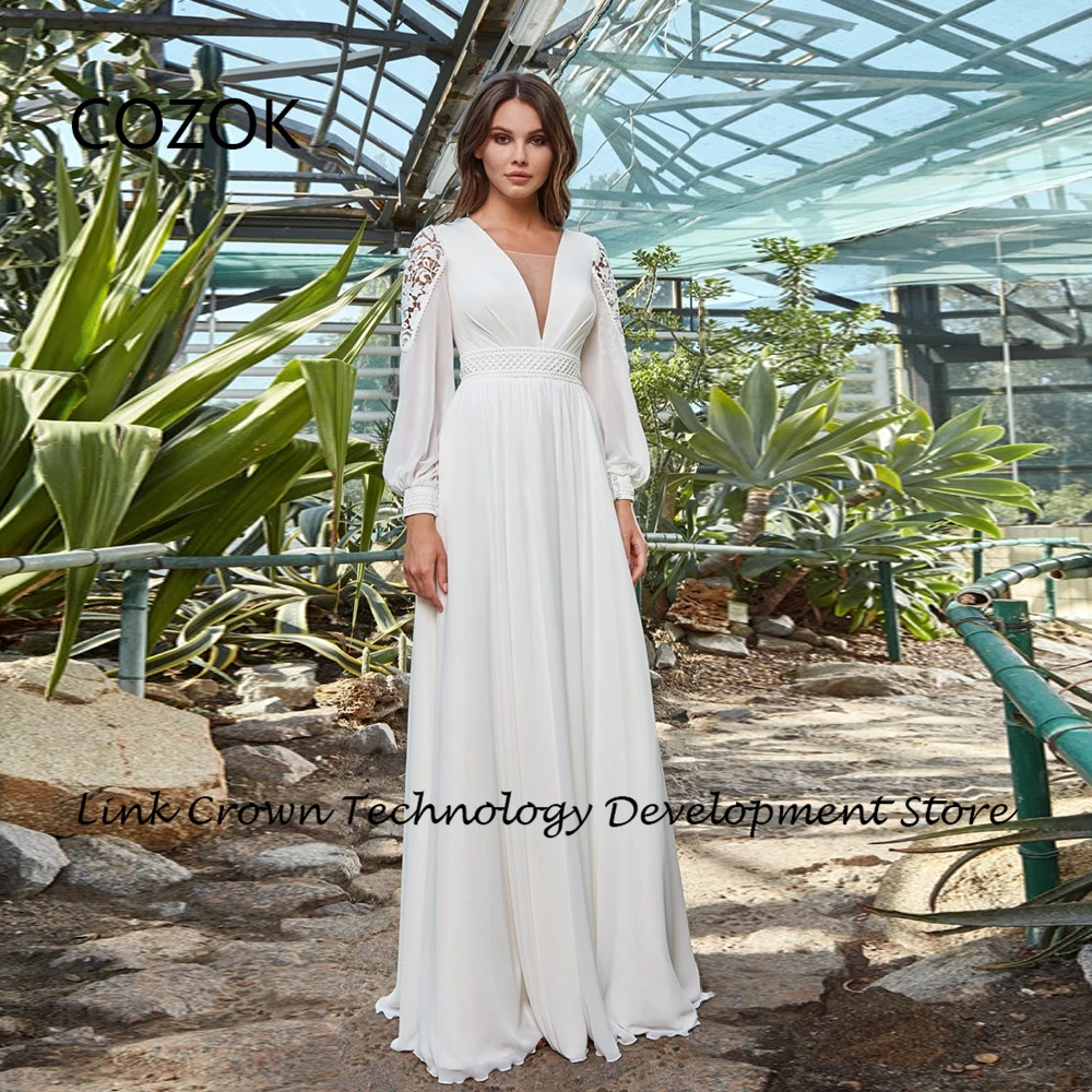 COZOK White V Neck Wedding Dresses for Princess 2024 Summer Chiffon Full Sleeve Bridal Gowns New Pleat Lace Vestidos De Novia