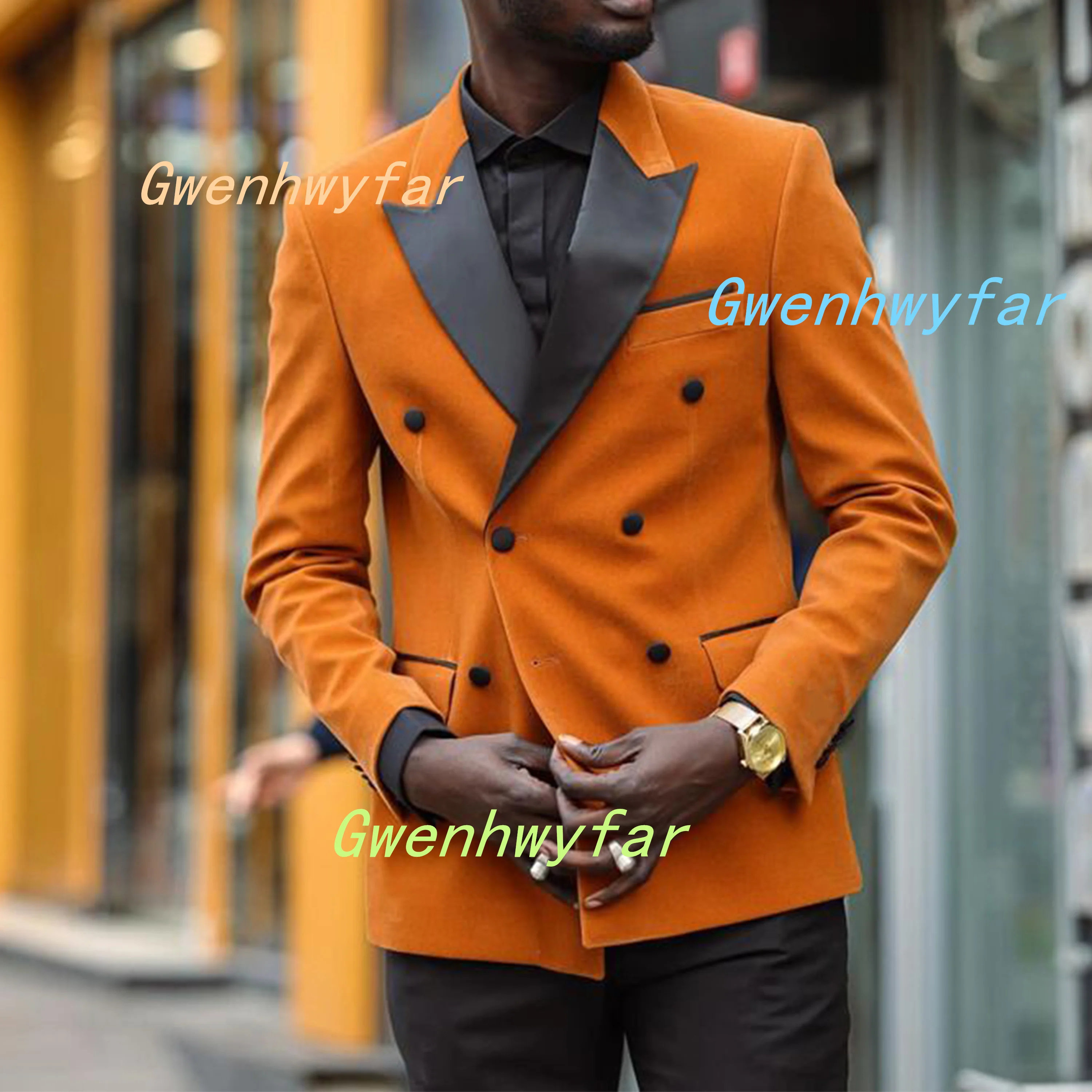 

Gwenhwyfar Autumn New Orange Velvet Jacket Paired with Black Cotton Blend Pants 2025 Young Men's Fashion Party Wedding Tuxedos