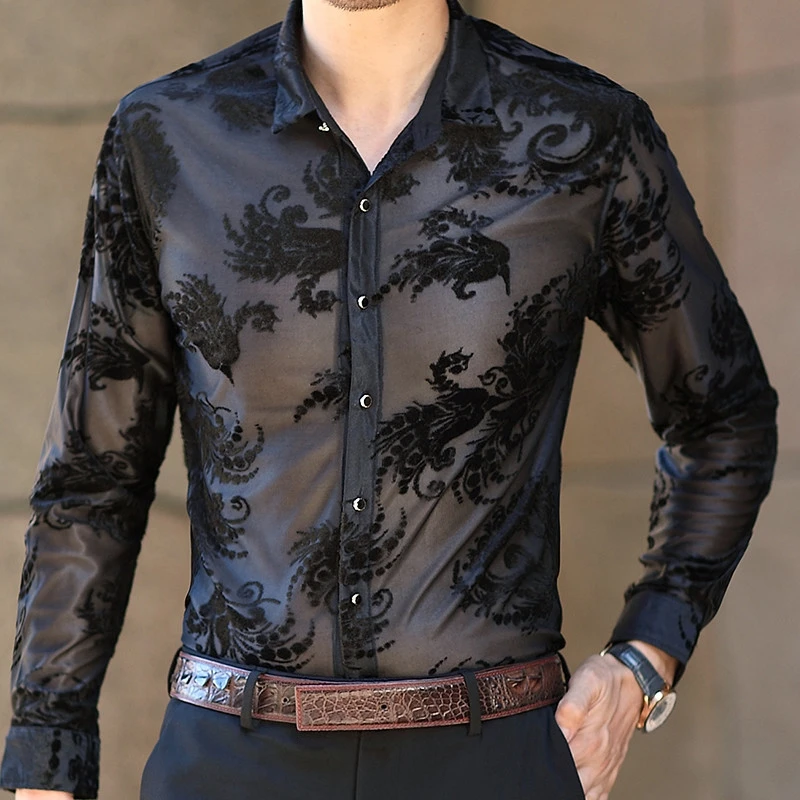 Men's Sheer Black Flocked Floral Jacquard Long Sleeve Shirt Wrinkle Resistant Non-Iron Autumn See Through Top