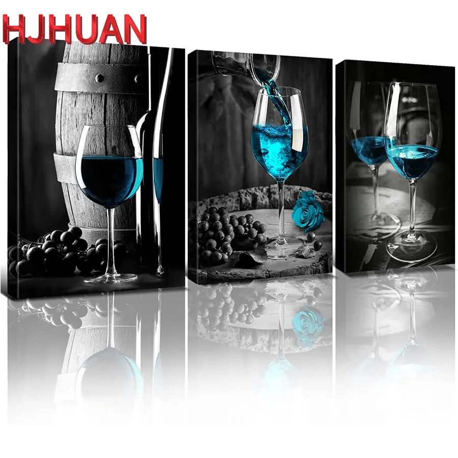 

3pcs DIY full square diamond painting Cyan wine black and white goblet blue wooden barrel barrel bar restaurant fruit home decor