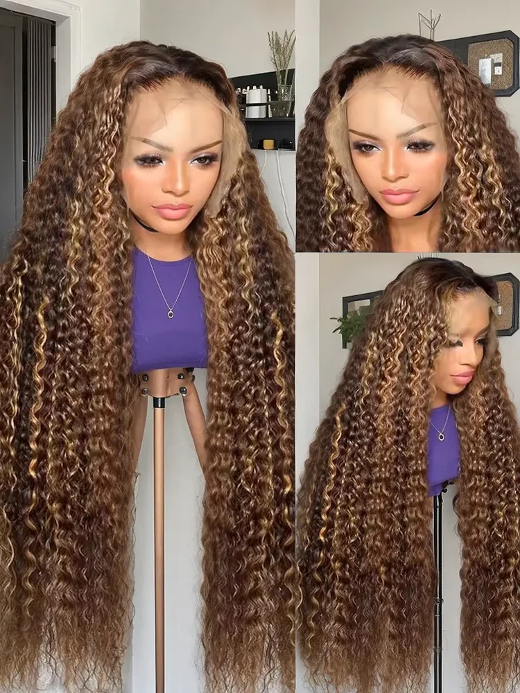 

4/27 30 Inch Highlight Honey Brown Curly Lace Front Human Hair Wigs 13x6 Ombre Colored Deep Wave 13x4 Lace Frontal Wigs Women