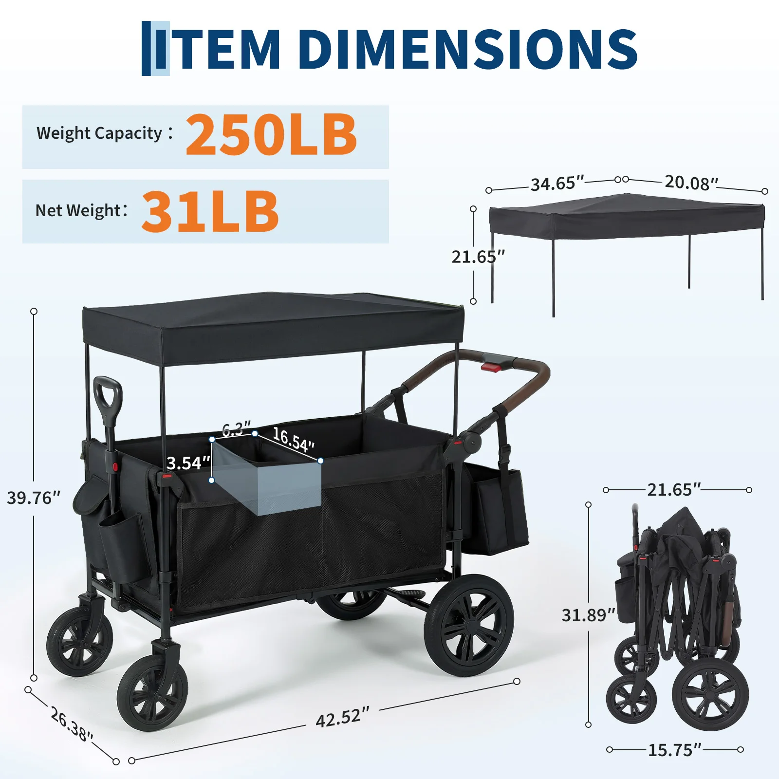 2-Seat Collapsible All-Terrain Stroller Wagon - Push/Pull Outdoor Cart with One-Hand Adjustable Handle - Removable Canopy, 5-Point Harness, Large Storage Pocket - Black (Cationic Cloth)