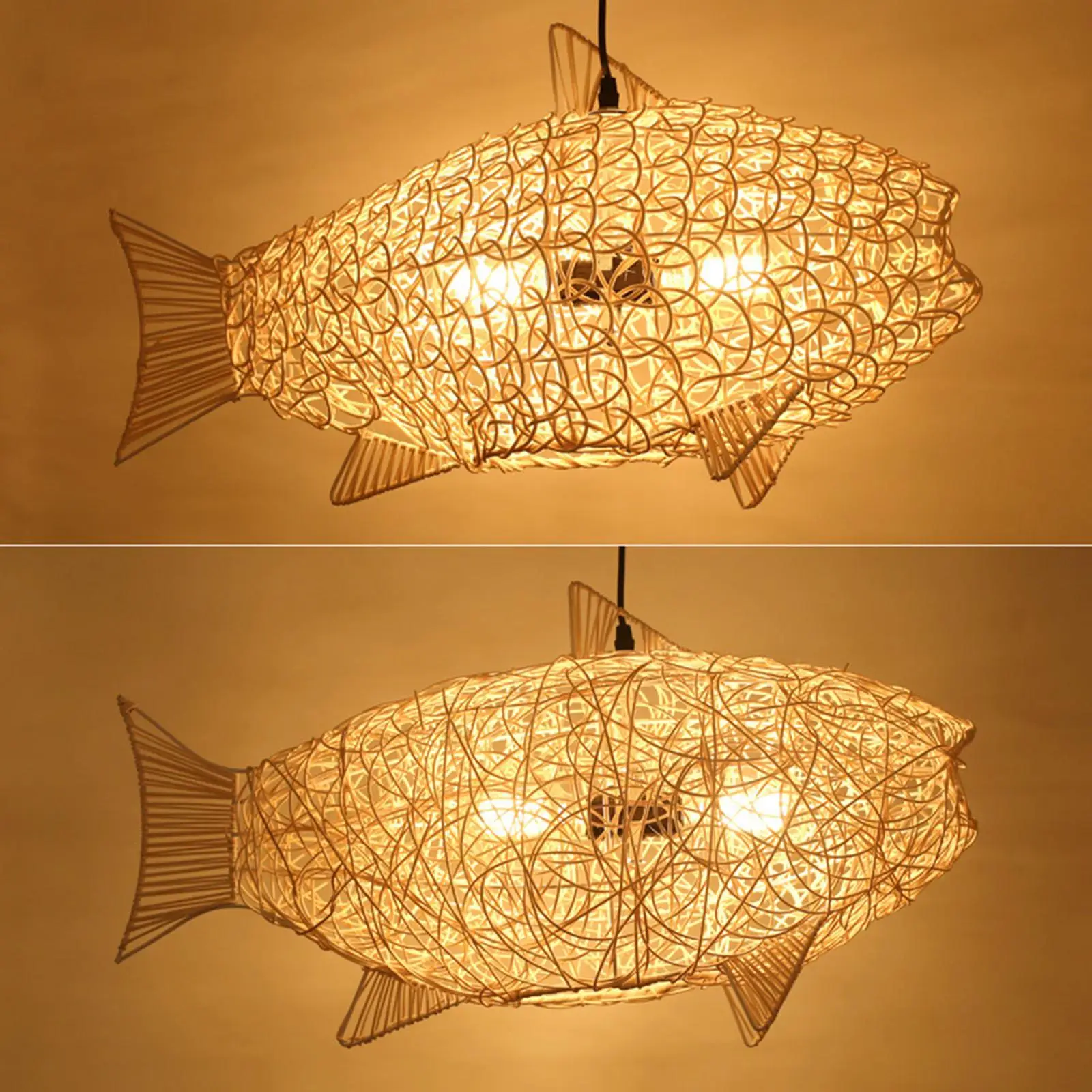 Fish Shaped Lantern Woven Rattan Pendant Light Natural Wicker Ceiling Hanging Bamboo Fish-Shaped Lampshade Retro Fish Lampshade