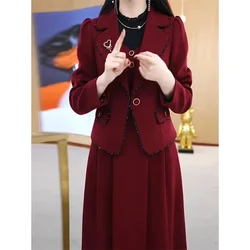 Korean High End Suit Jacket Dress Two-Piece Set Women 2024 Autumn Winter New Advanced Red Blazer Coat Long Dress Female Outfit