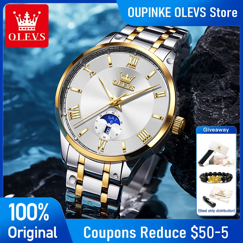 

OLEVS Watches Man 3638 Original Brand Stainless Steel Quartz Watch Waterproof Luminous Week Date Watches Man Box Gifts Reloj