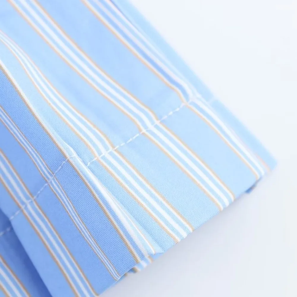 

Striped Sleeveless Dress Teenagers Adolescent Patchwork Wide Pleated Suspenders Short Skirt Casual Blue Color