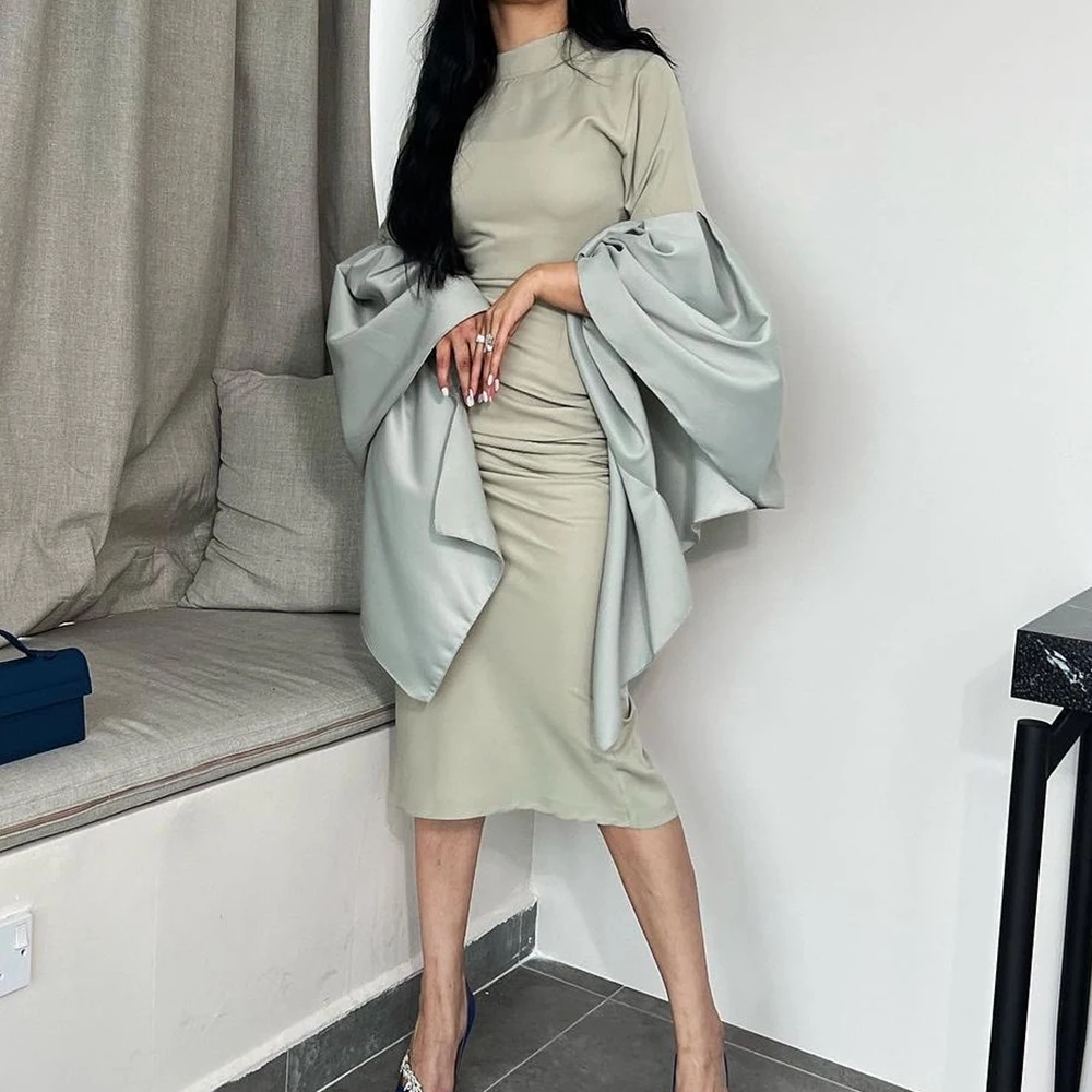 

Dubai Evening Caftan Dress High Collar Straight Tea Length Shawl Jersey Long Sleeve Solid Color Pleats Classic Celebrity Dress