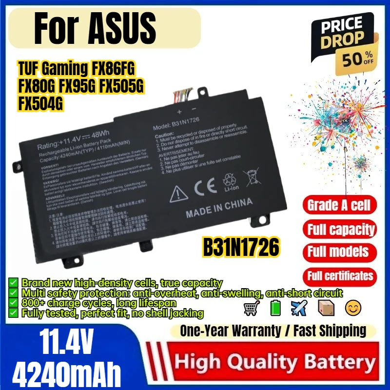B31N1726 for ASUS TUF Gaming FX86FG FX80G FX95G FX505G FX504G Laptop Battery 0 Cycle High Capacity Battery Replacement Bateria