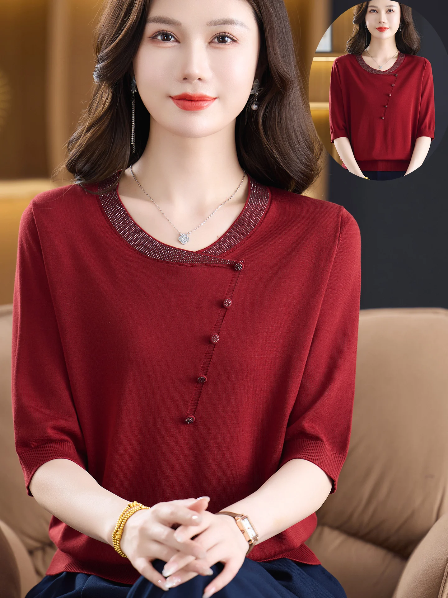 

Elegant Ice Silk Short Sleeve T-Shirt round Neck Knitted Sweater for Mom Summer Fashionable Loose Fit Maternity Wedding Dress