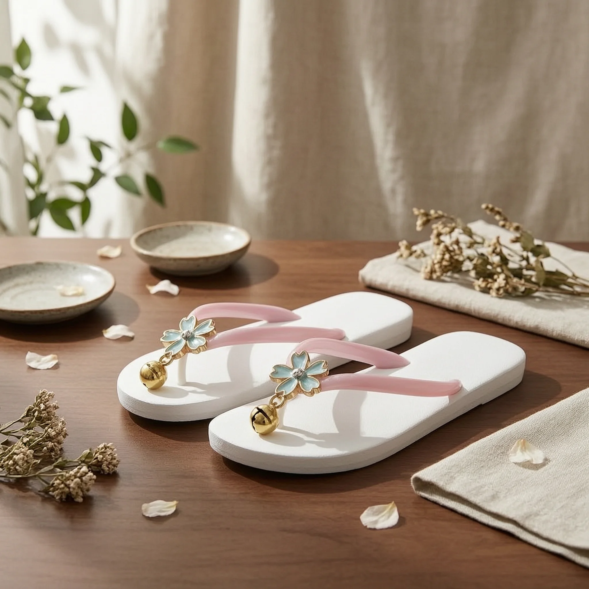 

Japanese-Style Doll Sandals Pink Straps Flat Exposed-toeToe Doll Sandals Toy Accessory Gold Bell Charm Clear Heel Loop
