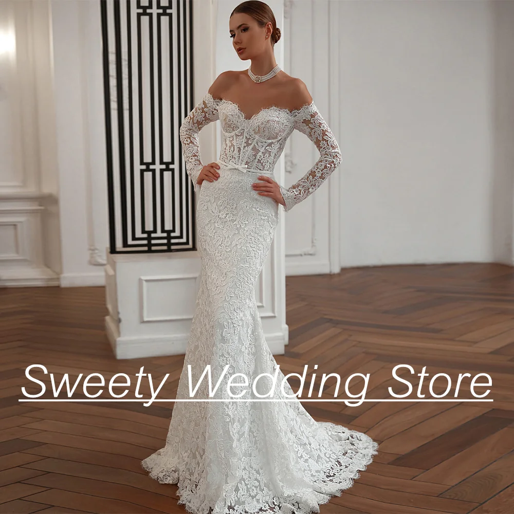 Lace Mermaid Wedding Dresses for Lady 2024 Sweetheart Full Sleeves See Through Body Sweep Train Custom Bridal Gown Robe Mariee