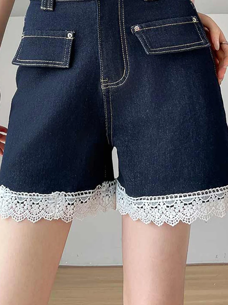 Deep blue straight leg denim shorts women in summer niche design sense lace high waist mid length and three part pants