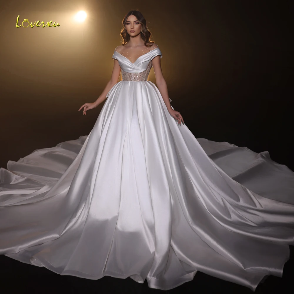 Loverxu A-Line Elegant Wedding Dresses 2024 Sweetheart Cap Sleeve Vestido De Novia Lace Embroidery Matte Satin Robe De Mariee