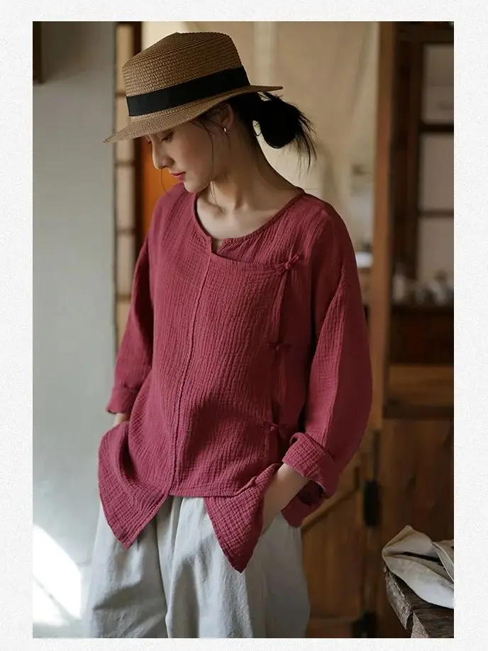 Vintage Women's Spring Tops Women Designer Cotton t-shirt Chinese Style Retro Cardigan Tunic