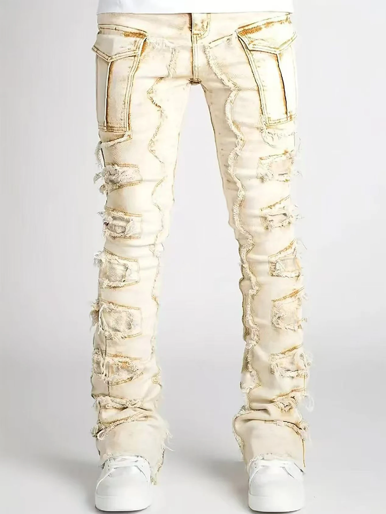 

Men's Jeans Elastic Multi Pockets Cargo Pants Slim Fit Autumn Beige Stretch Mid Waist Casual Men's Jeans Streetwear Trousers