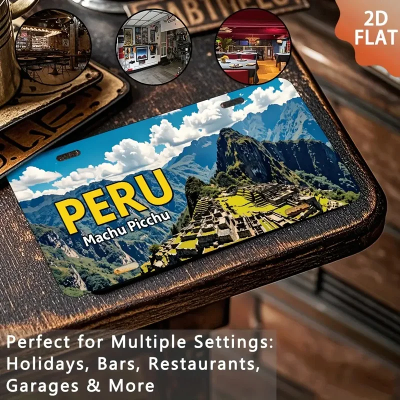 HD Aluminum Print, Vintage Peru Machu Picchu Inca Ruins License Plate Style Wall Art, High Definition Bend-Resistant Metal Sign,