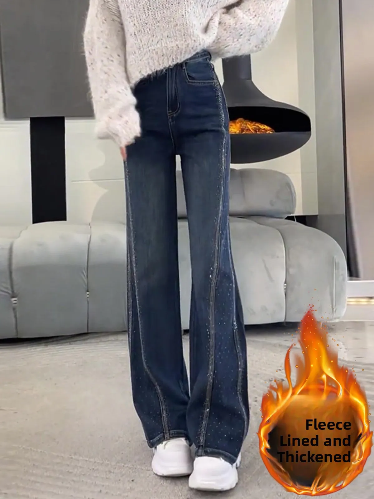 

High Waist Fce Lined Denim Wide Leg Pants Women's Spring New Sle Slimming Drapey Straight Knife Jeans Rhinestone