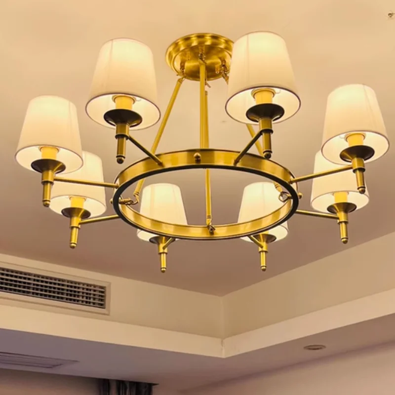 All Copper Retro Chandelier Modern Living Room Dining Table Hallway Lamps Fabric Lampshade Home Decoration Luxury LED Chandelier