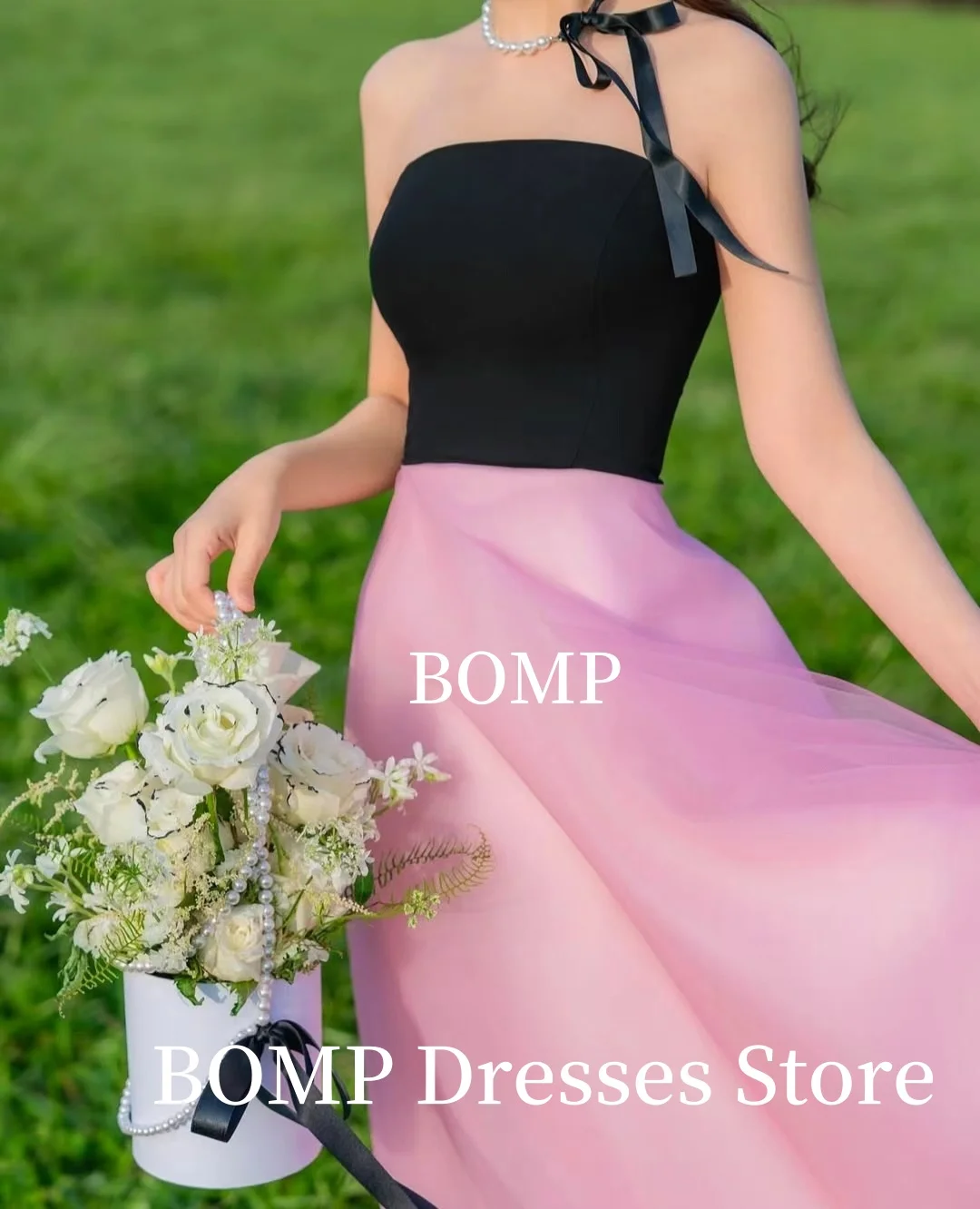 bomp-pink-contrast-black-wedding-party-dress-strapless-floor-length-evening-dresses-korea-photo-shoot-bridal-gown-customized