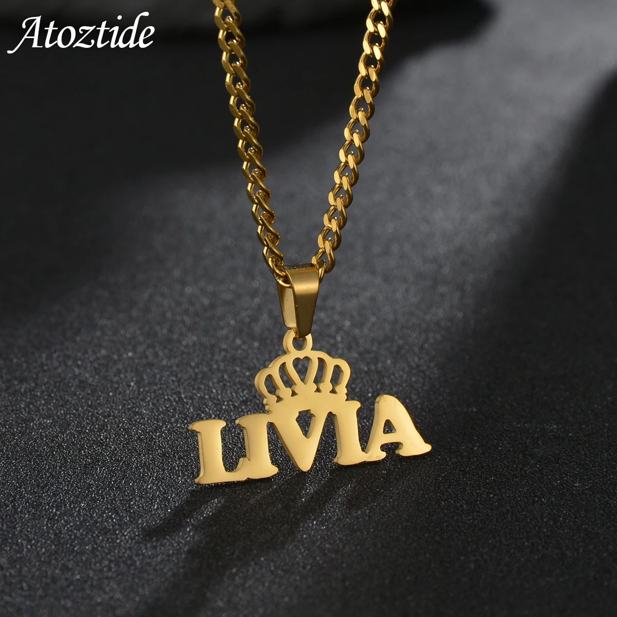 Atoztide New Custom Necklaces Personalized Thick Chain with Crown Names Bold Stainless Steel Big Letter for Men Pendant Jewelry