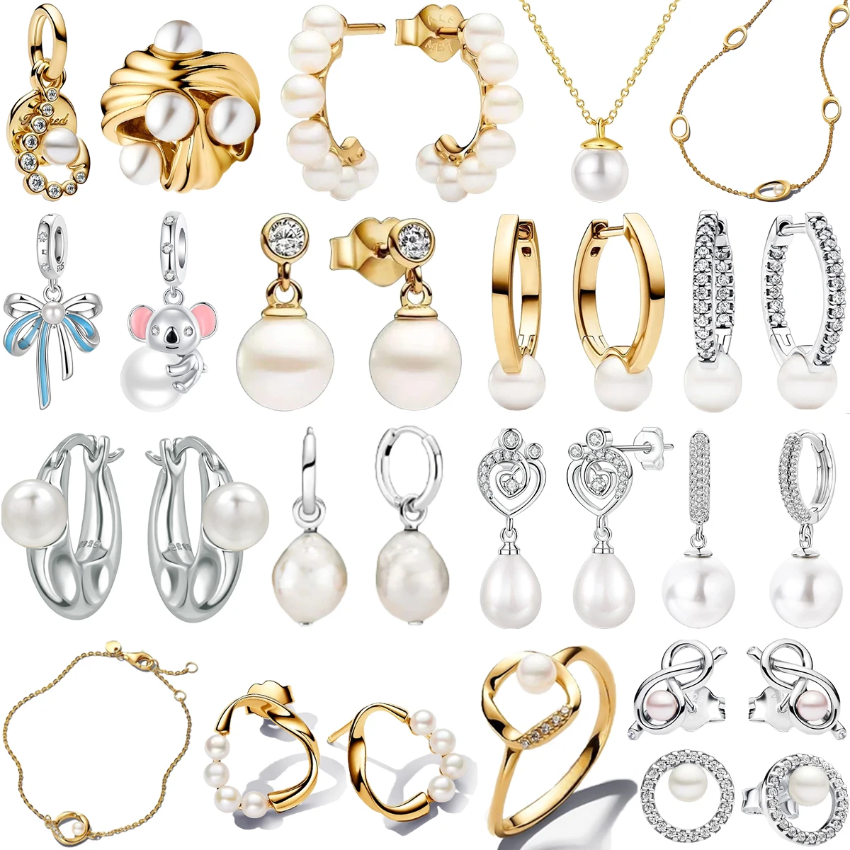 

New 925 Sterling Silver Pearl Set Charms Ring Heart Earrings Beads Romantic Pendant Fit Bracelets Necklace Fine Jewelry Gift