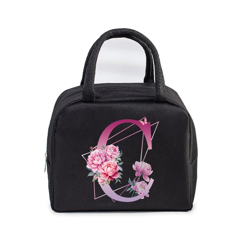 Bolsa de almuerzo portátil para mujer, bolso de mano con estampado de flores, con aislamiento térmico, con 26 letras, Unisex