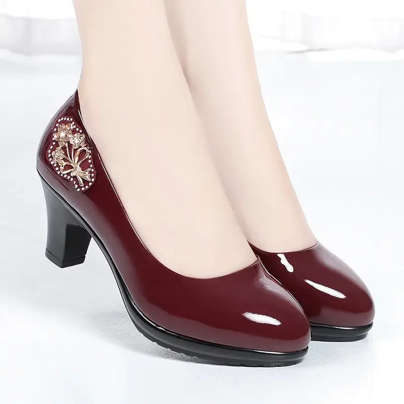 Women Summer Shoes Rhinestones Cute European Stylish Round Toe Black Pu Leather Square Heel Pumps Ladies Casual Wine Red Comfort