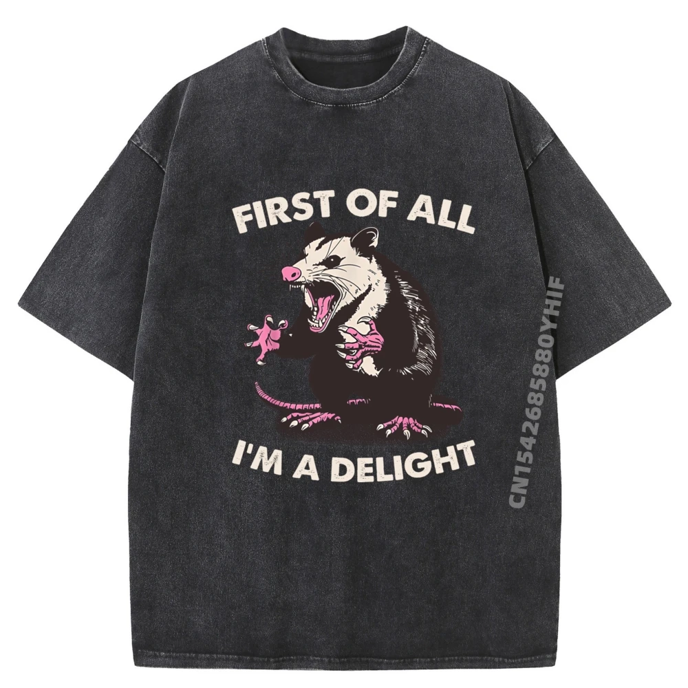 

First Of All I M A Delight Retro Angry Opossum Possum Graphic T Shirts 100% Cotton Washed Camisetas De Hombre Character