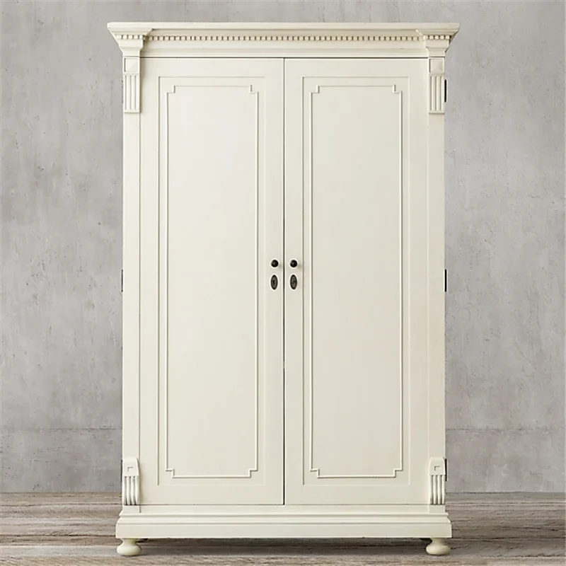 American rural retro ivory white old wardrobe European two-door solid wood custom bedroom wardrobe furniture customization