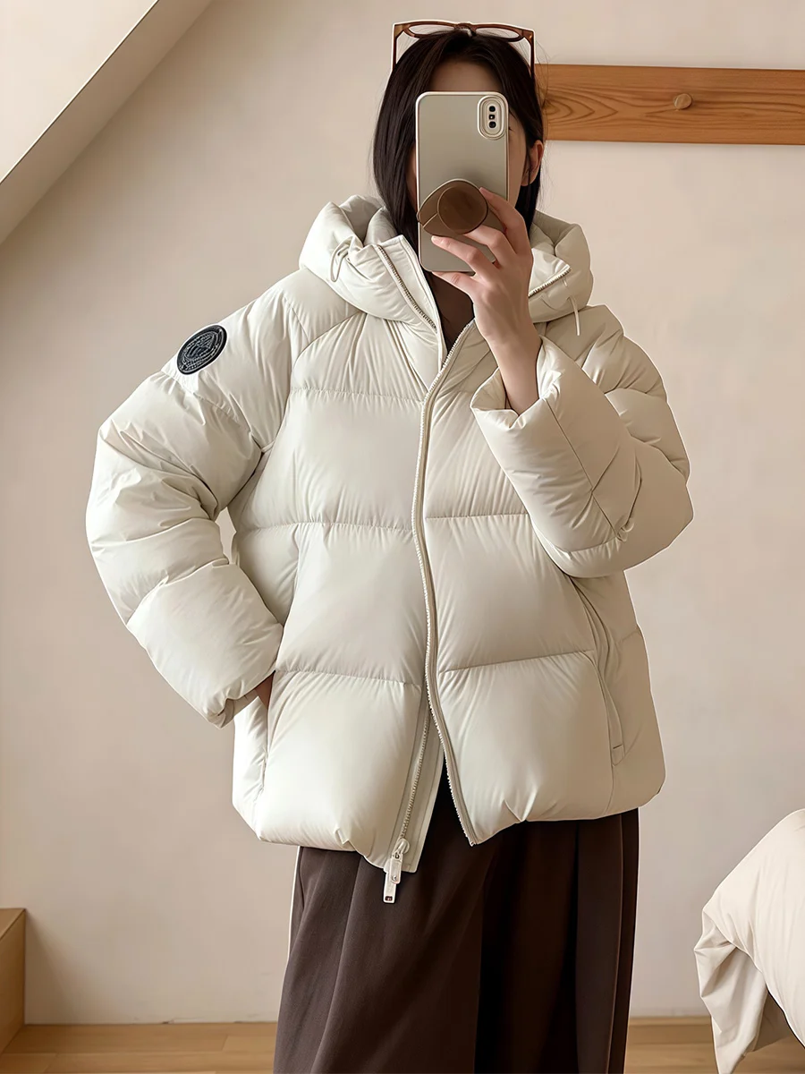 

Women's Thiened Puffer Jaet Du down Hooded Mid-Length Coat White Bread Sle Warm Casual Faion Zipper ket Design